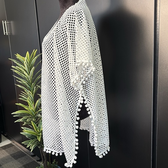 Ana & Rose Crocheted mid length swim coverup, Pom Pom edge detail,see thru OS - Picture 4 of 9